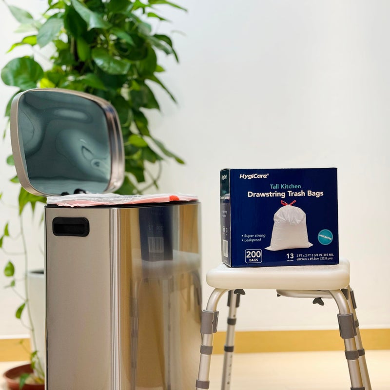 HygiCare أكياس قمامة المطبخ بطول 13 جالون من HygiCare، أكياس قمامة برباط غير معطرة عدد 200، منفصلة مسبقًا، قوية جدًا، مضادة للتسرب، متينة، بيضاء - Image 3